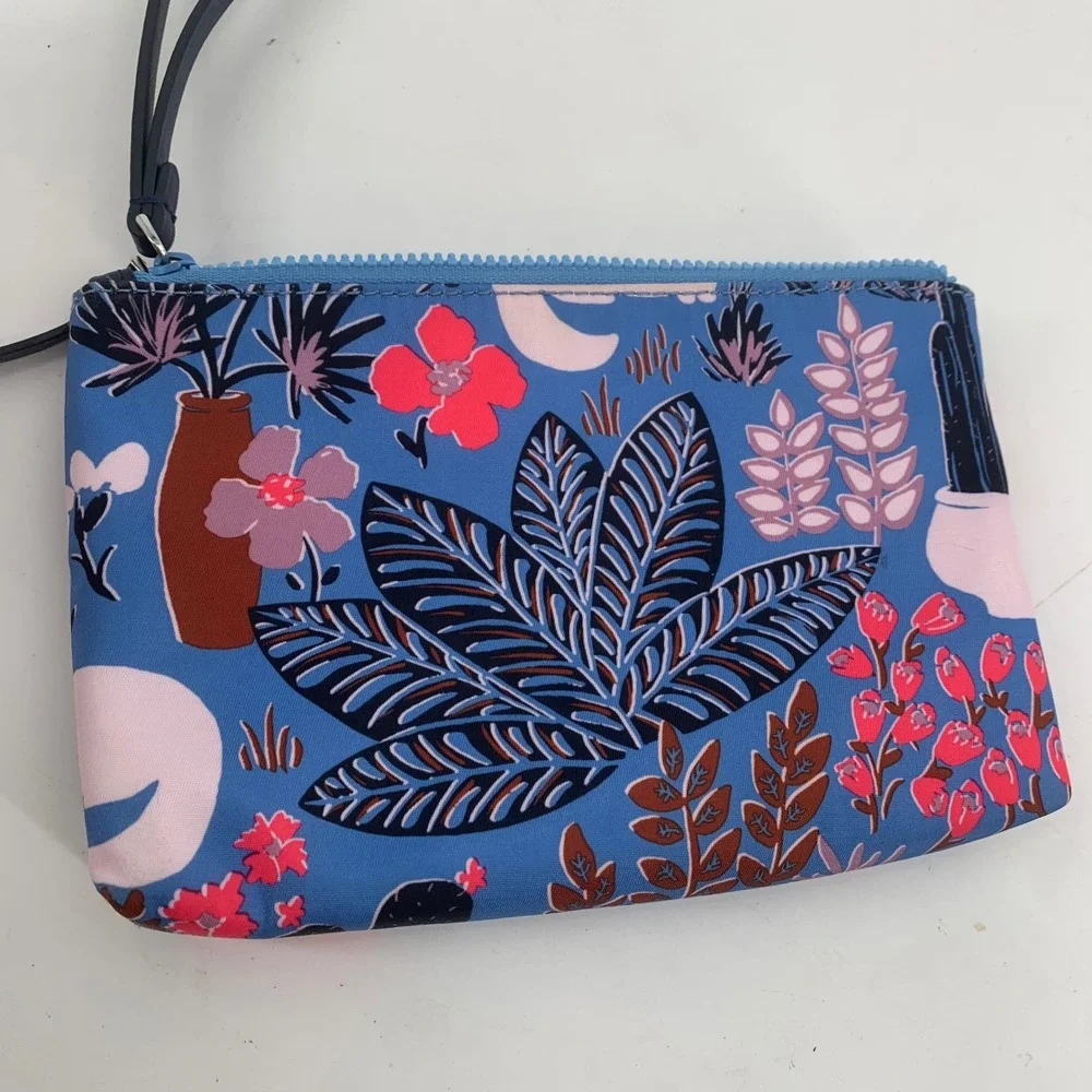 Kate Spade Cat in the Garden Blue Nylon Wristlet Pouch Floral Botanical Pouch